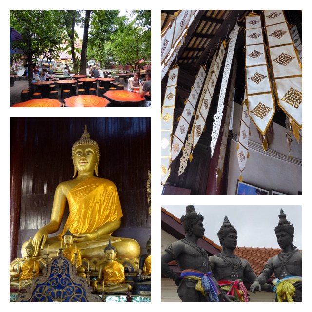 The lovely seating area outside a temple, my fave buddha of the day, some religious hangings swaying in the breeze though the temple door, 'The Three Kings' statue, the legendary founders of the city.